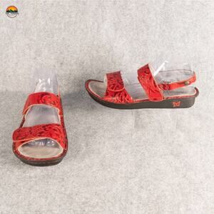 Alegria By PG Lite Verona Sandal Red Strappy Leather Floral Flat Women's Size 10